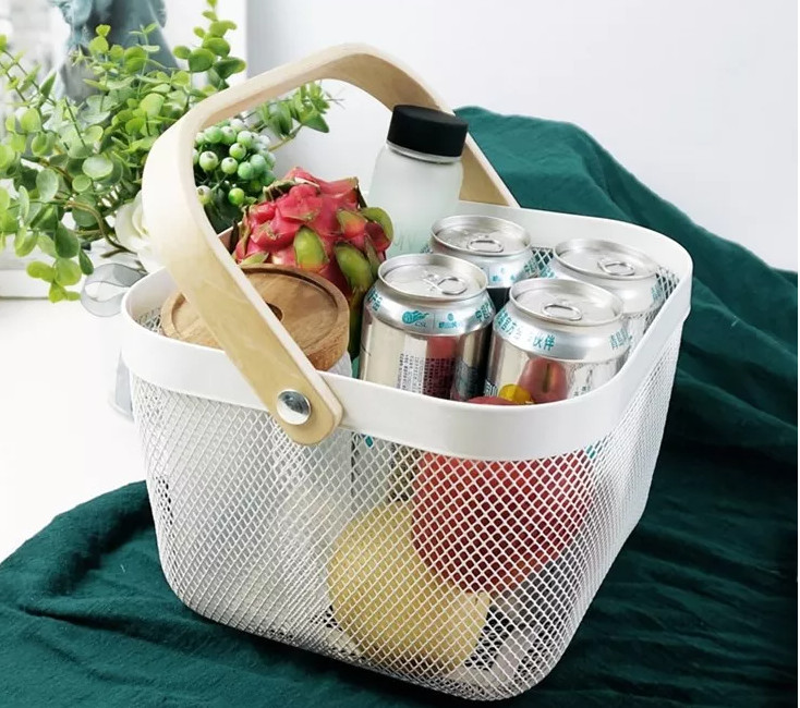 Sustainable Wire Mesh Storage Baskets With Wood Handle