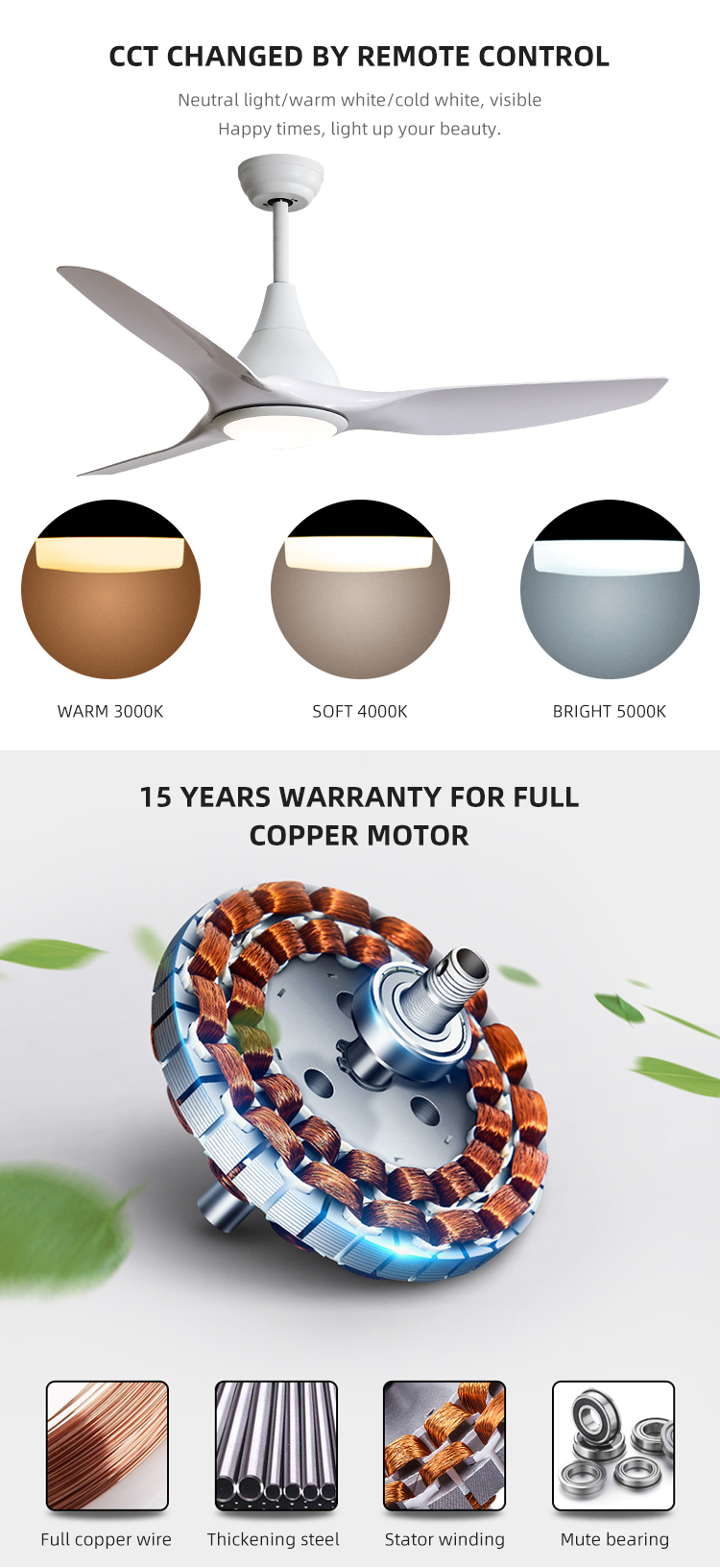 5 Speed 3CCT White ABS Blade Ceiling Fan For Restaurant 1500LM