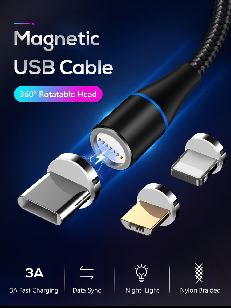 360 Rotate 2M 5V 3A Magnetic 3 In 1 Charging Cable