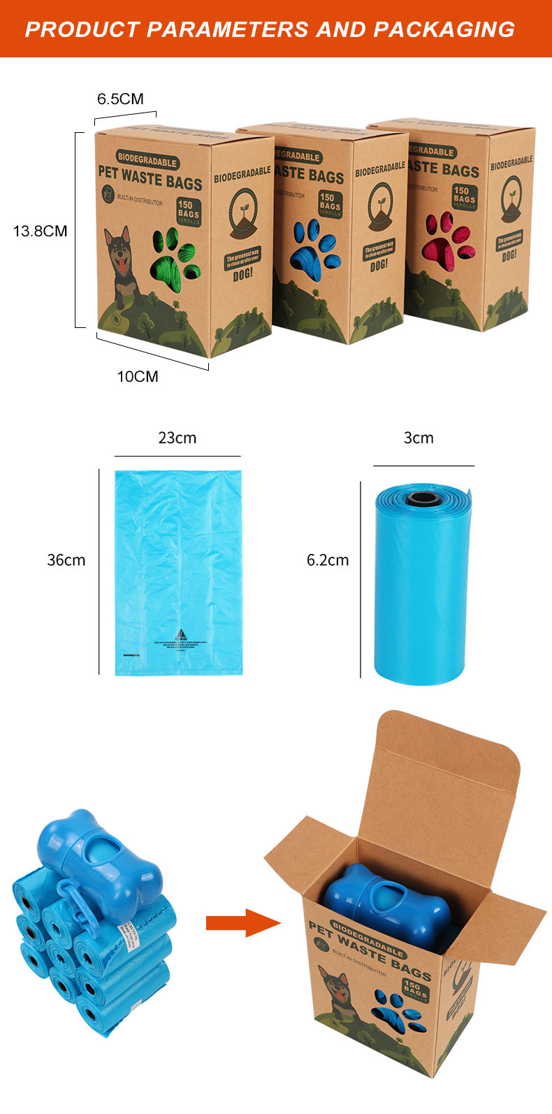 Pet Waste 23*33cm*15microns Biodegradable Dog Poop Bag 10 Rolls Pack