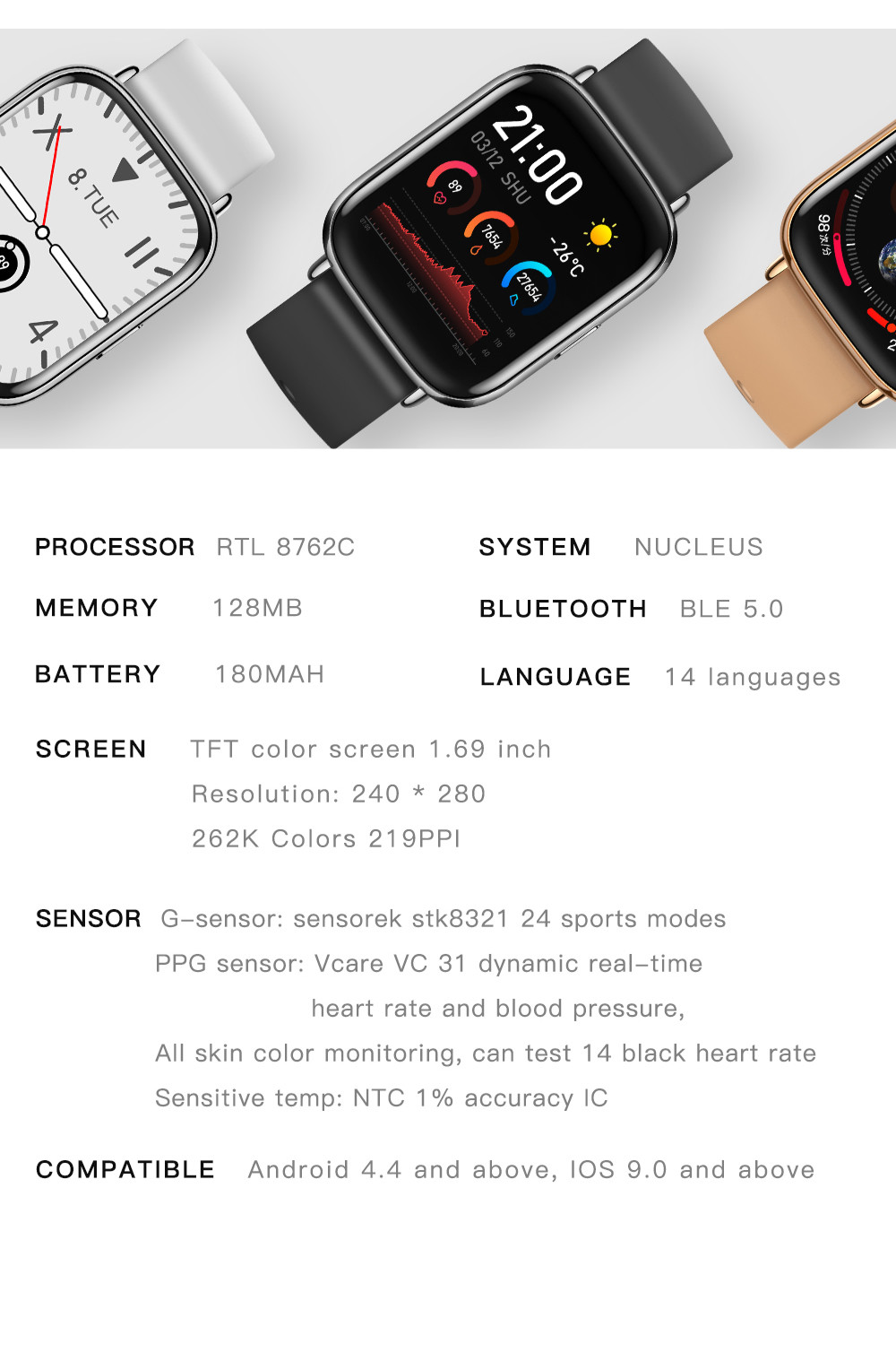Luxury IOS 8.0 Fitness Band With Touch Screen , 240*280 Full Display Smartwatch