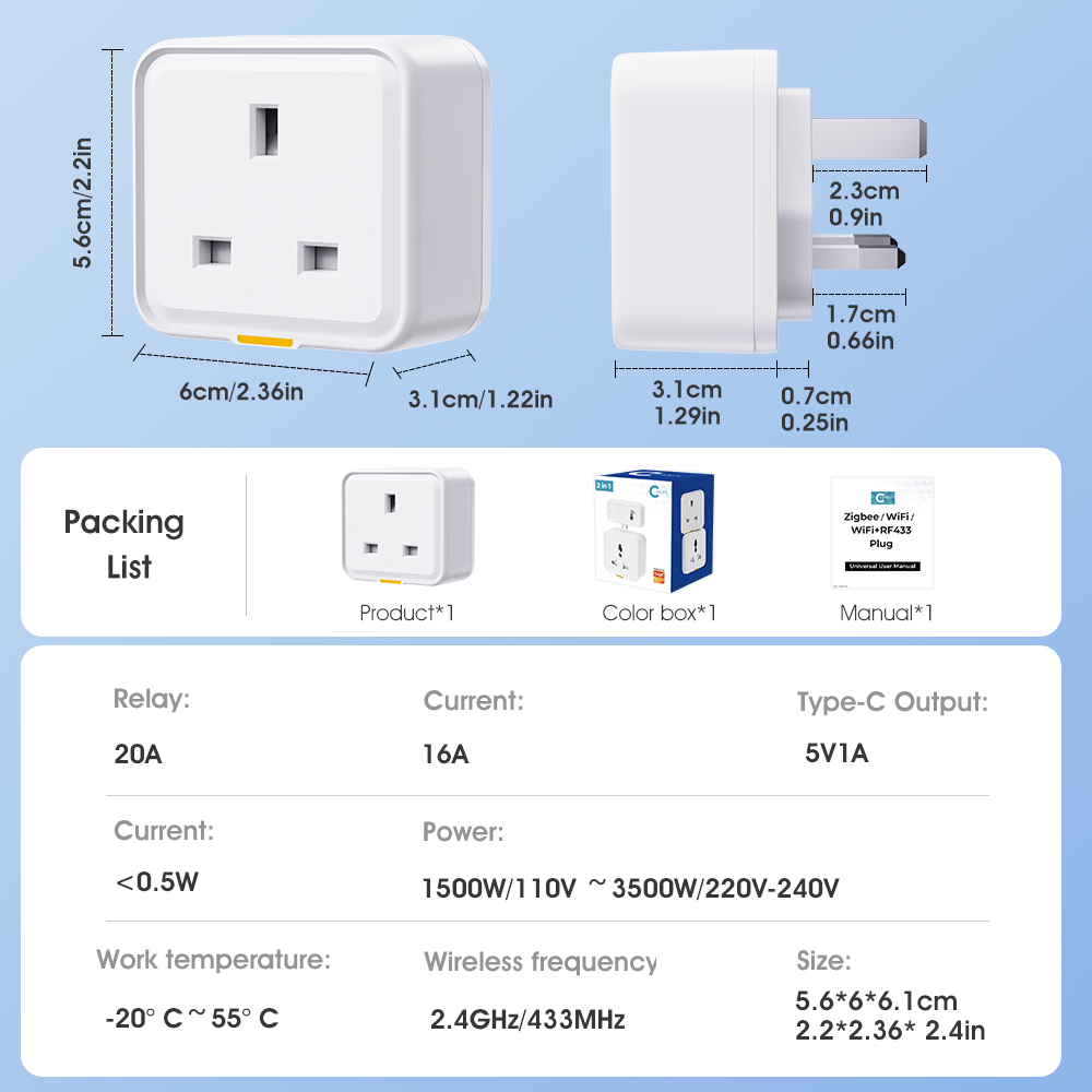 Tuya Smart Home Plug UK Socket Travel Adapter Conversion Outlet APP Voice Works With Alexa Type C 16A WiFi RF433