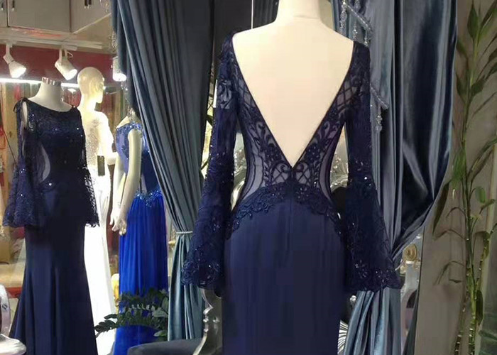 Top Backless Navy Blue Mermaid Dress / Sweep Train Prom Dress Long Horn Sleeve