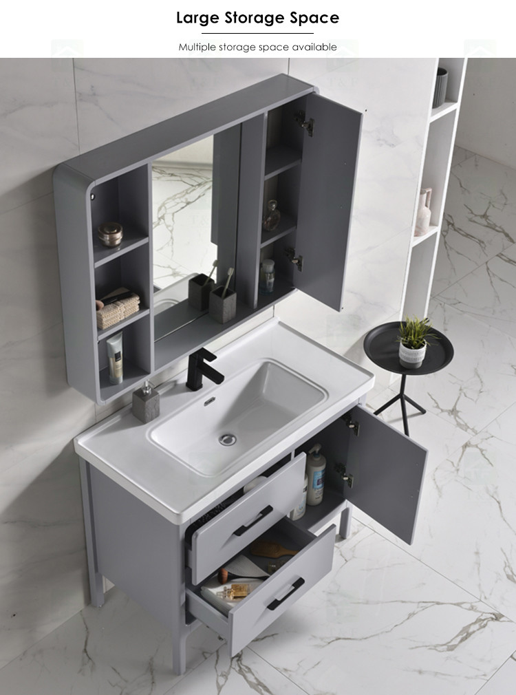 Solid Wood Floor Mount Bathroom Vanities With HD Silver Mirror