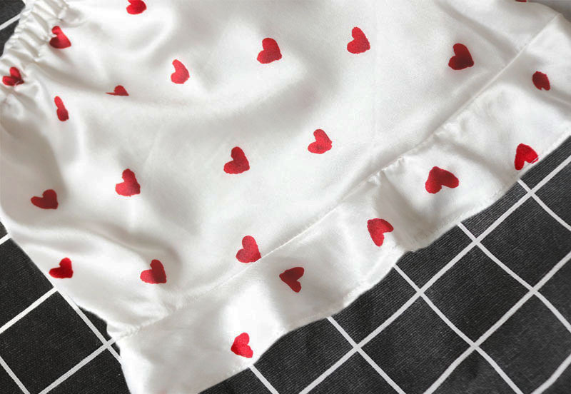 Sweet Cute Sleeveless Short Nighty Sets Sexy Soft Satin Heart Pajama For Women