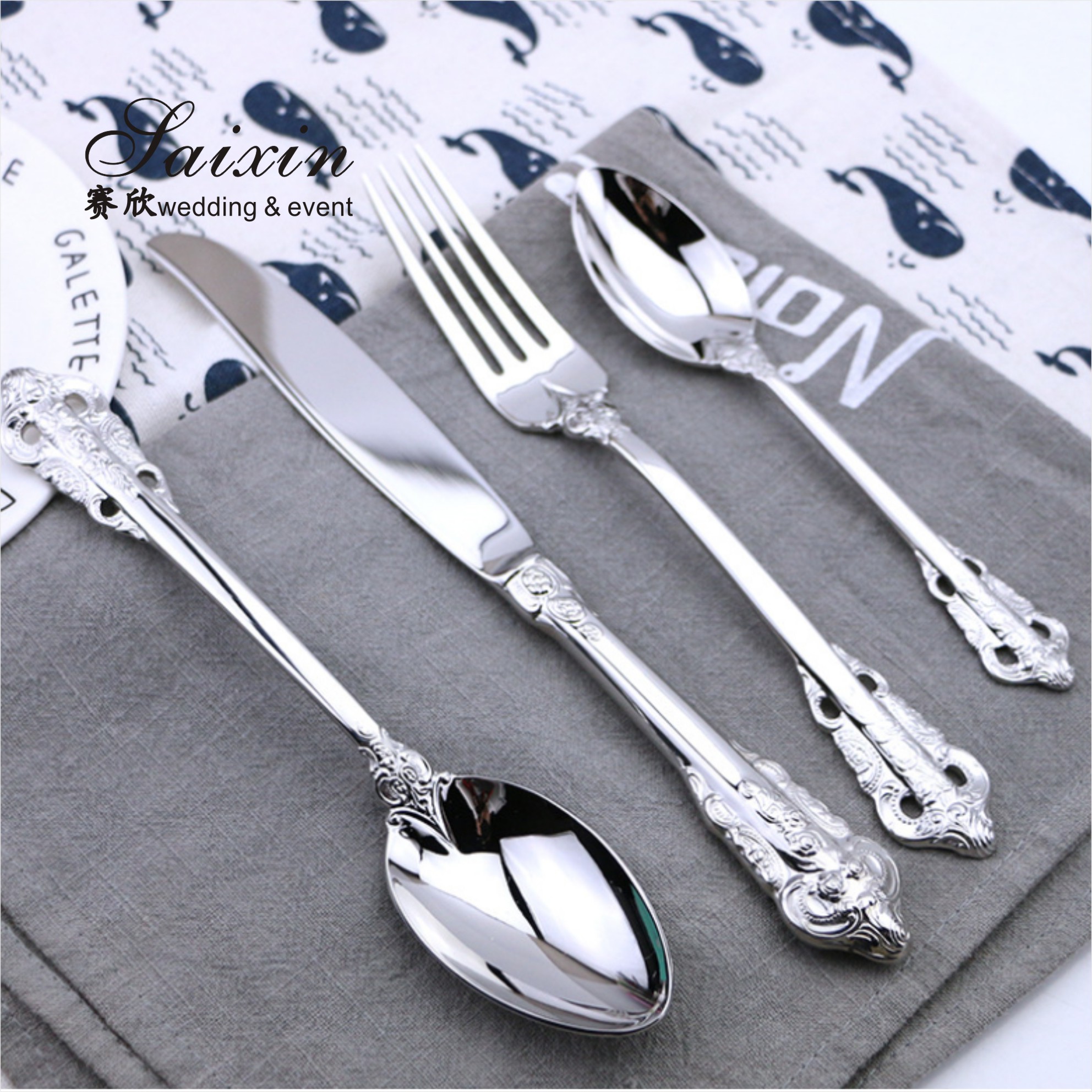SX-GP-012 Luxury vintage stainless steel knife fork spoon 4pieces set cutlery for wedding dinner party