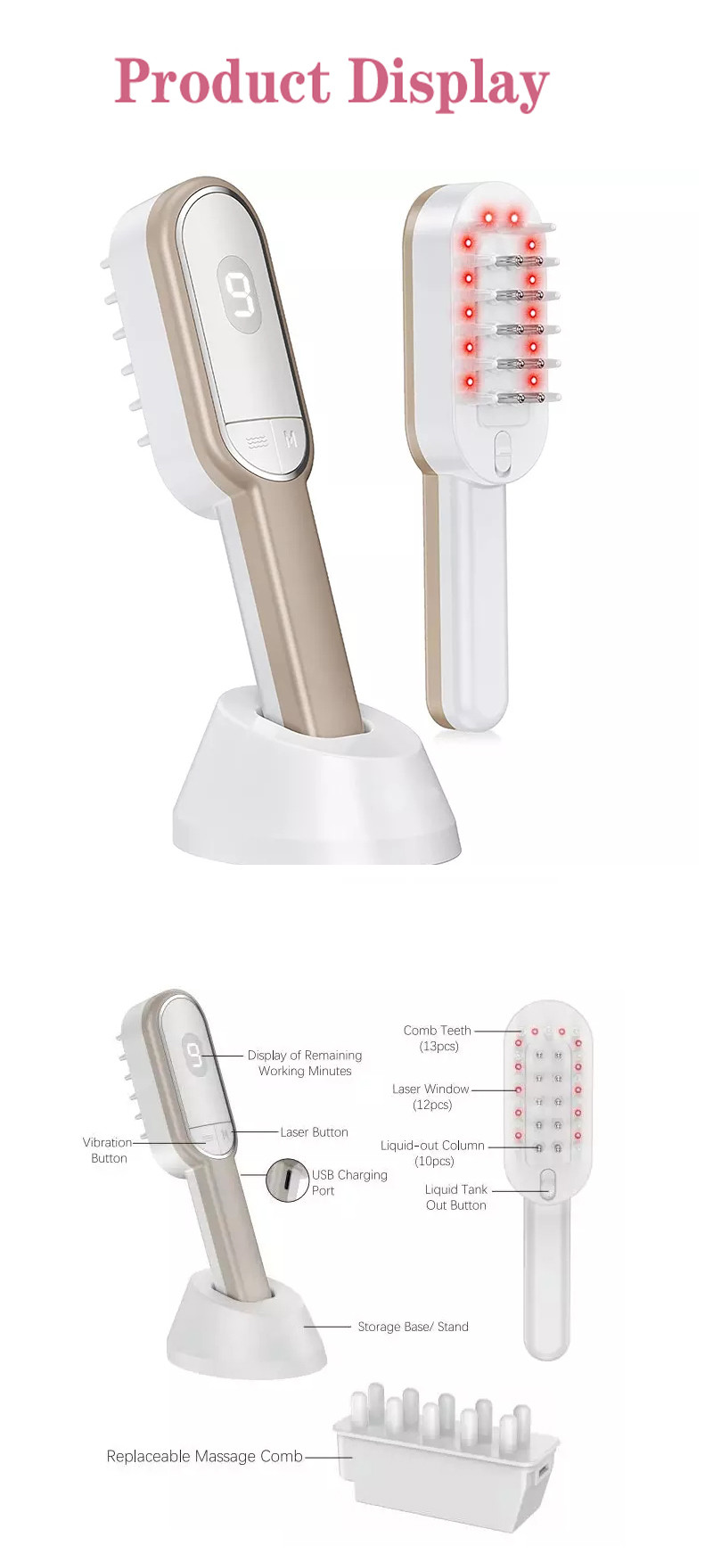 Top Selling Hair Portable Rechargeable Laser Hair Care Comb Hair Growth Care Treatment Vibration Massage Laser Comb