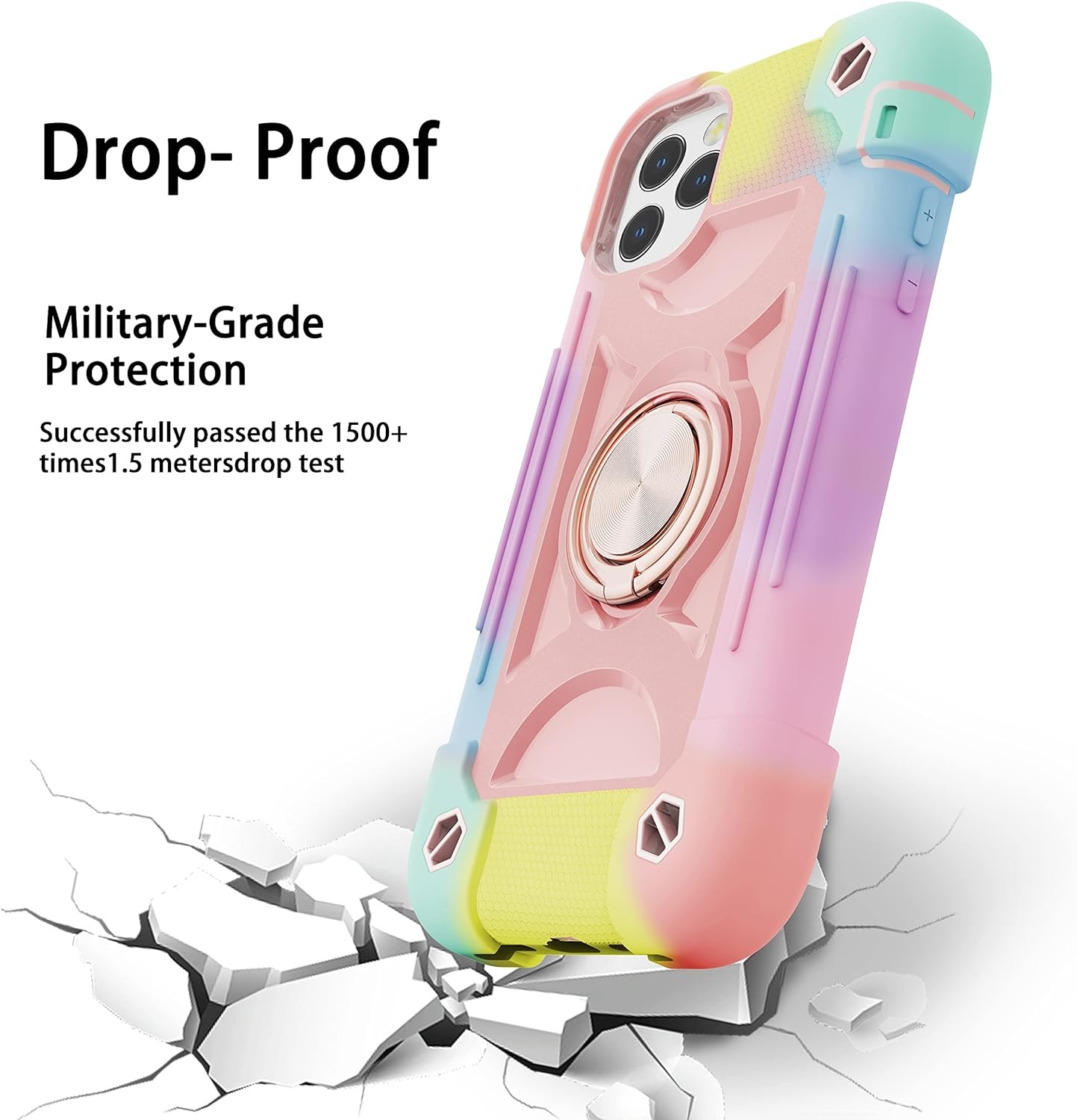 iPhone 12 Pro Max Case 6.7" - Heavy-Duty Shockproof, Ring Stand, Glass Screen & Camera Lens Protector (Rainbow Pink)