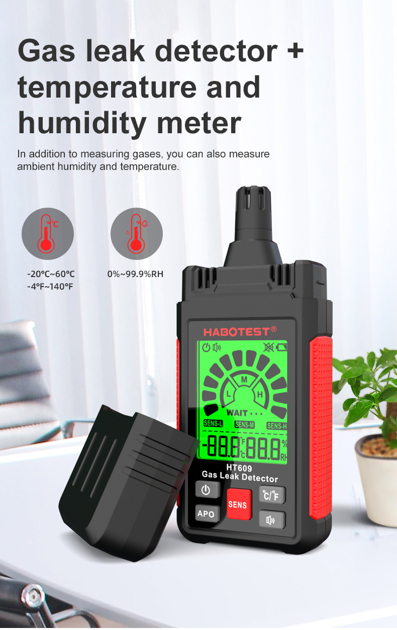 HT609 Gas Leak Detector Combustible Gas Detector Display Temperature Humidity Gas Analyzer Electric Tester Tool