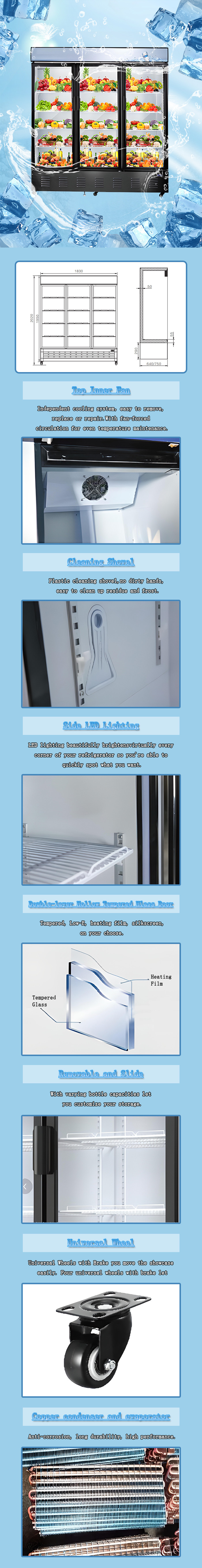 Three Layer Glass Door Freezer Hollow Tempered Coated Heating Front Freezer 1305L