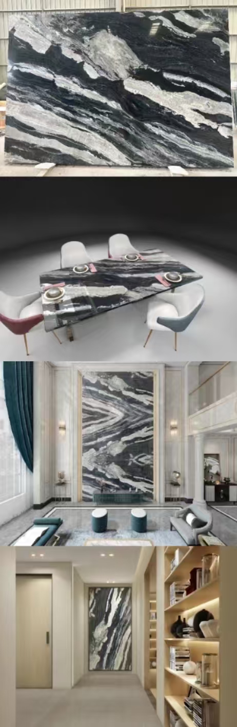 Calcite Marble Modern Staircase Design with Luxury Brazilian Cosmic Black Granite Slab