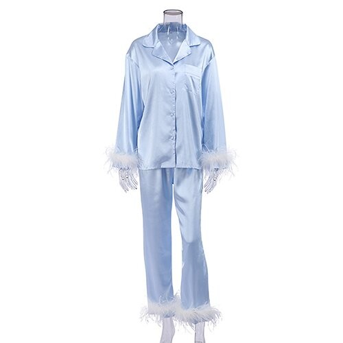 OEM maufactory Spring European And American Pajamas Silk Long Sleeved Pajamas Turn Over Neck