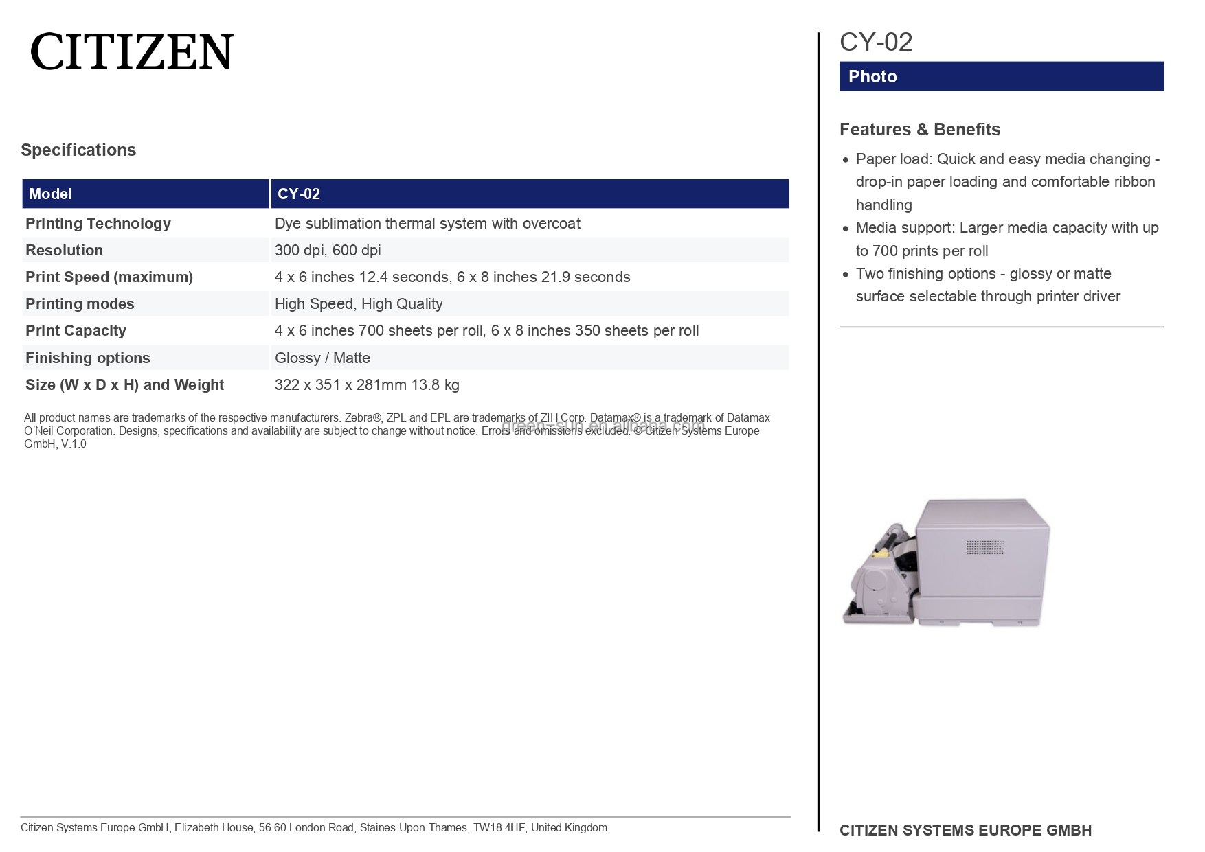 High Definition Citizen CY-02 Dye-Sublimation Photo Printer with 1 Accessory Included