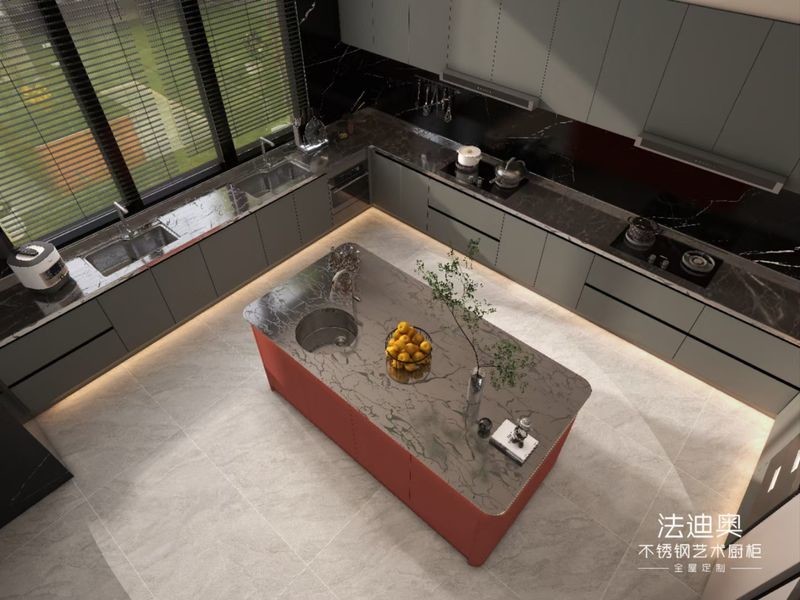 Fadior U-Shaped Layout Gray And Crimson Red Stainless Steel Kitchen Cabinet