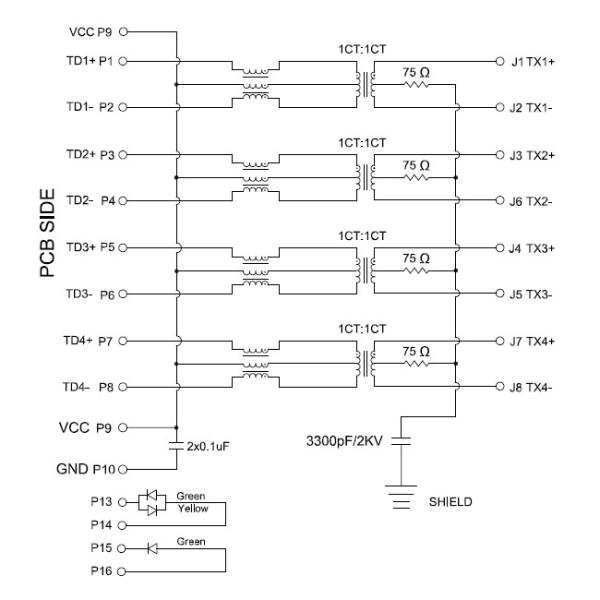 2x4 Stacked RJ45 Multiple Port Connectors Magnetics With LEDs 1000 Base T