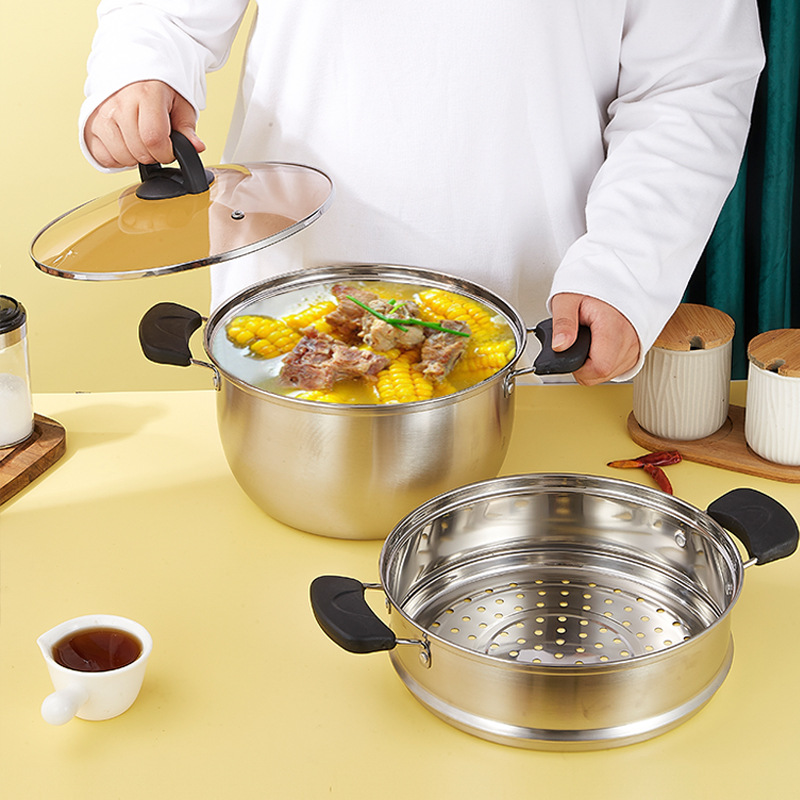 Best Selling Silver Two Layers Pot Stainless Steel Saucepot Food Steamer Pots Soup Pot With Glass Lid