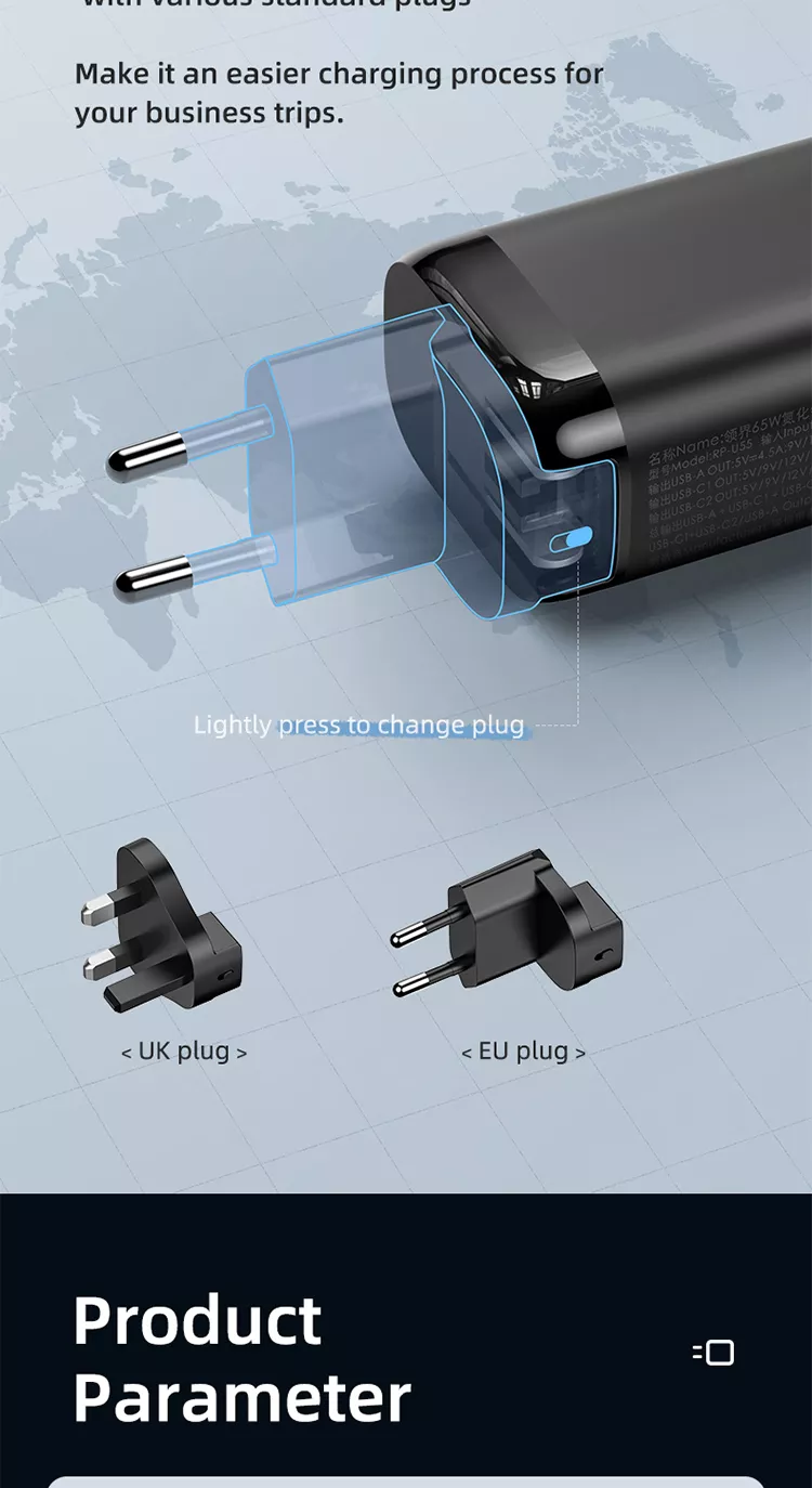 65W GaN 3 Ports USB Type-c Travel Adapter for High Speed Charging of Multiple Devices