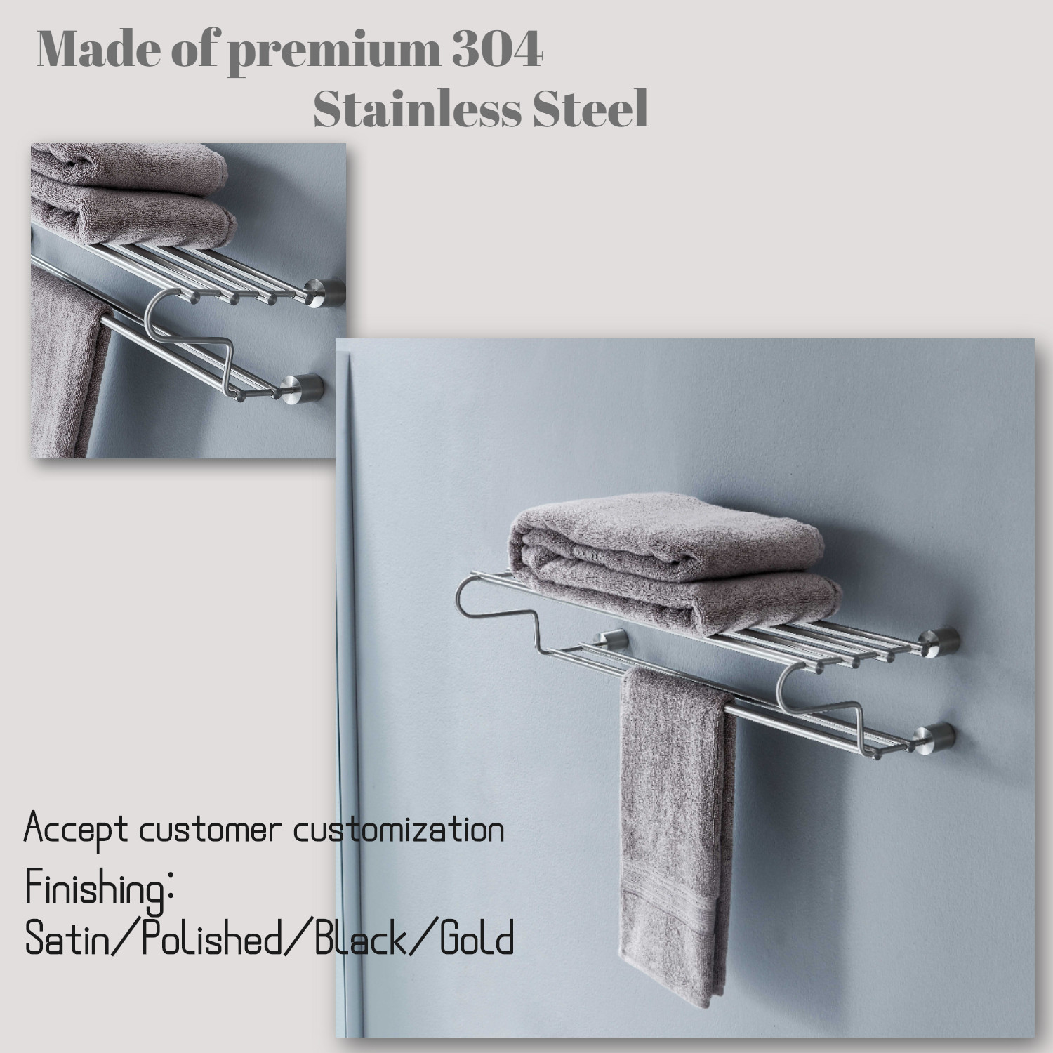 Stainless Steel Bathroom Towel Racks Wall Mounted Polished Satin