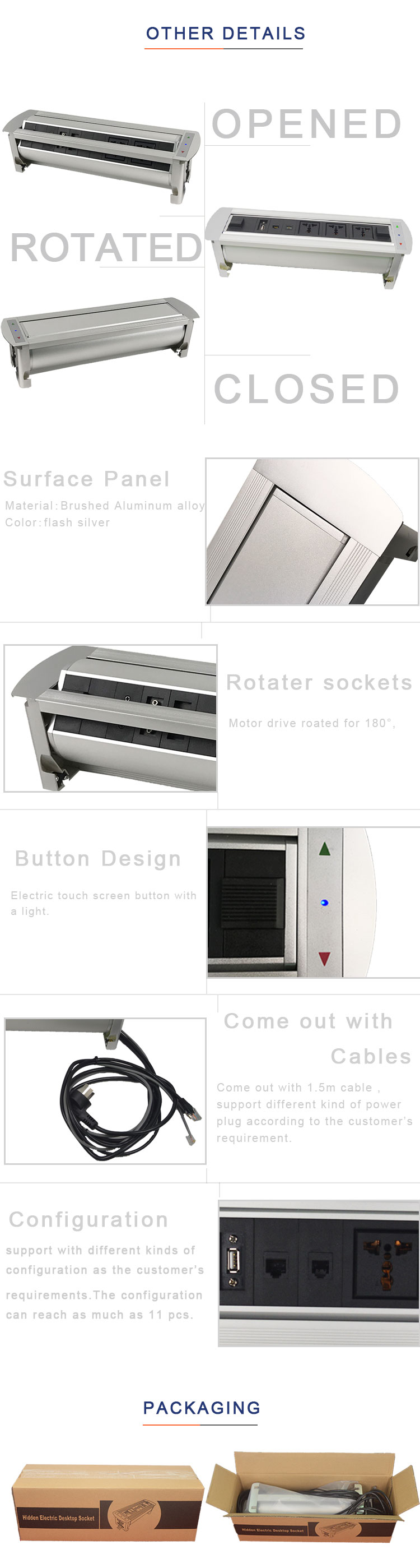 BNT Desktop Motorized Flip Up Socket / Rotating Hidden Power Outlets with 1.5 meter cable plugs