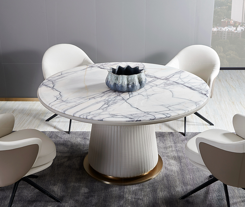 Household White Marble Round Dining Table With Turntable Stainless Steel