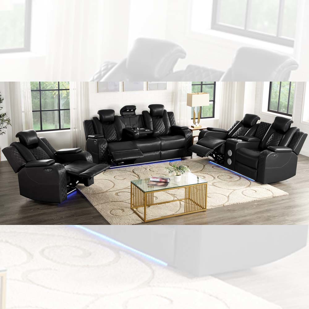 Power Recliner Sofa set with Power Recliner Seats and Power Headrests and Dropdown Table and Bluetooth Audio Speaker and Storage Box and Storage Arms