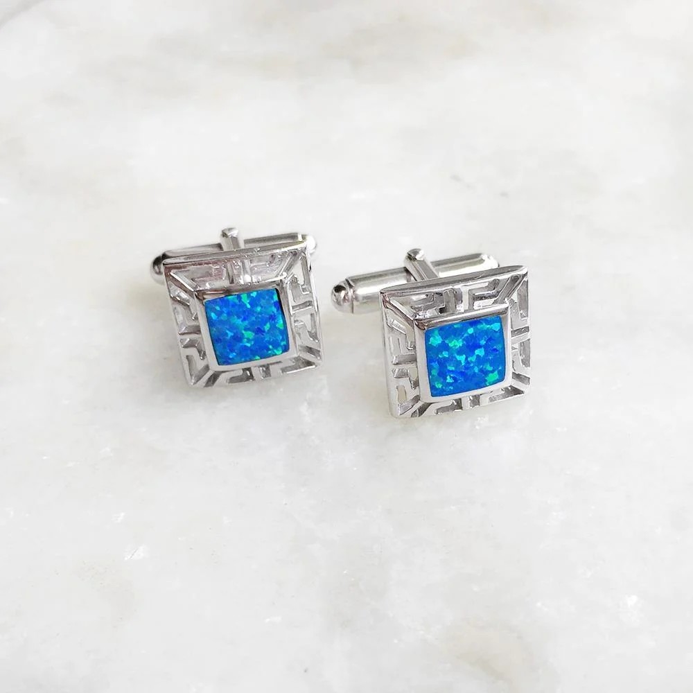 925 With Sterling Silver Greek Bule Opal Meander And Emerald Square Cufflink Earrings