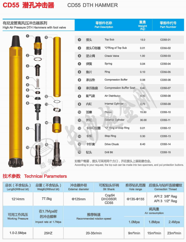 Water Well CD55 DTH Hammer And Bit With ASTM Standard And Spray Paint