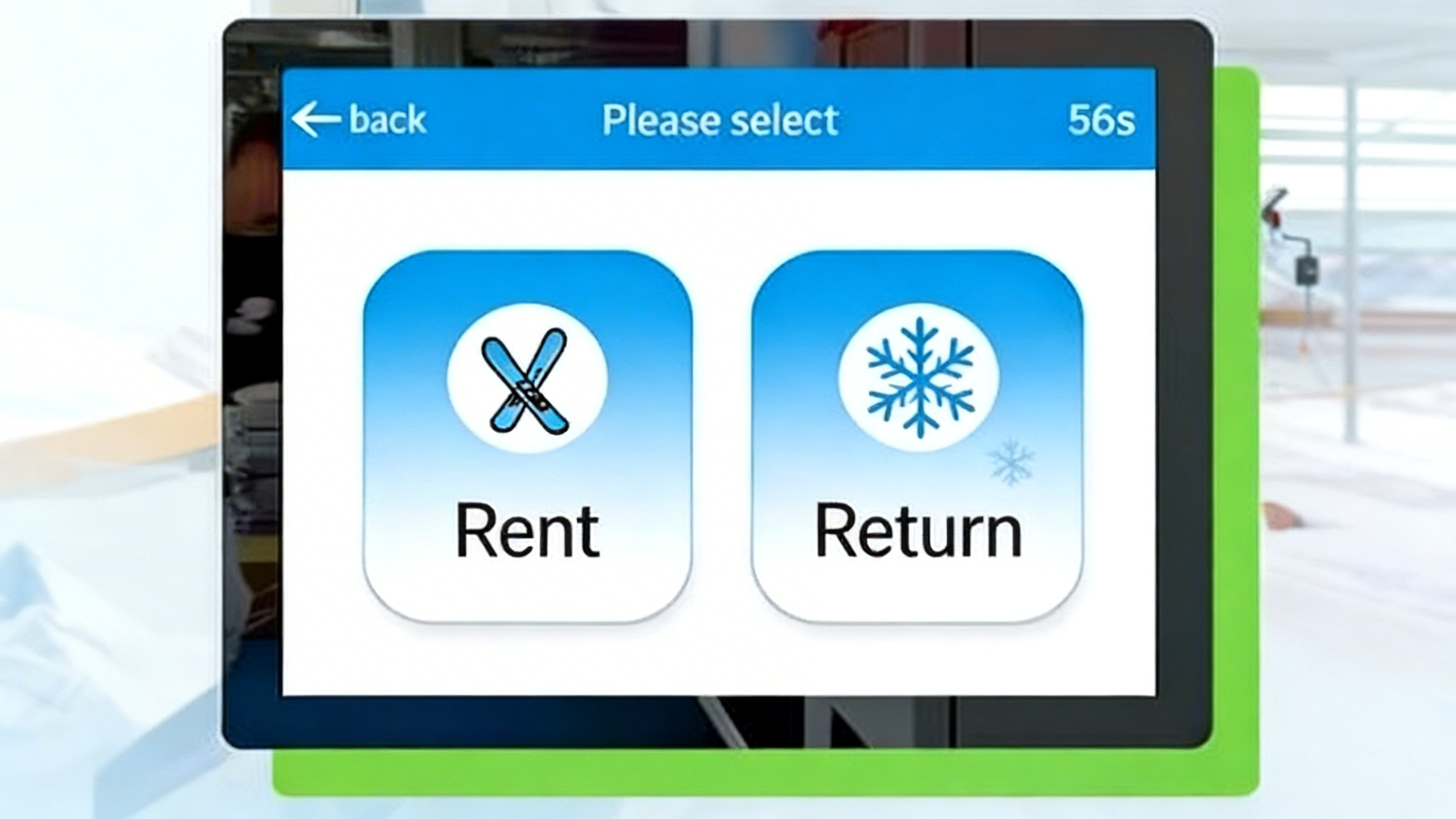 The snowboard rental vending machine UI offers two operating options.
