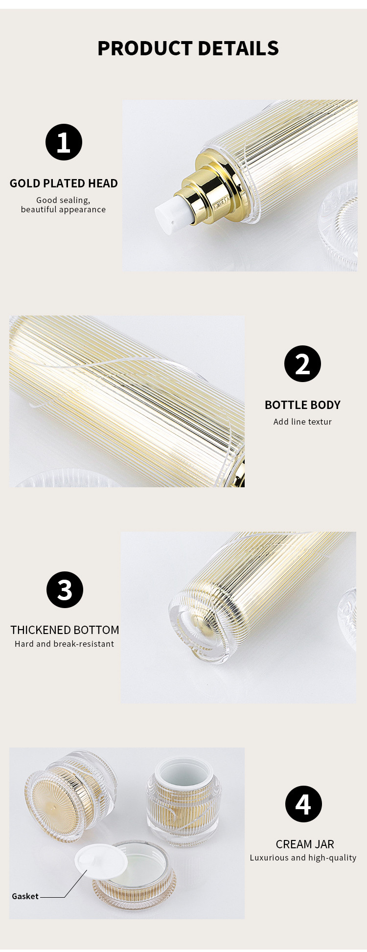 50g Cosmetic Packaging Sets Gold Empty Acrylic Pump Bottle Cosmetic Jar Suit