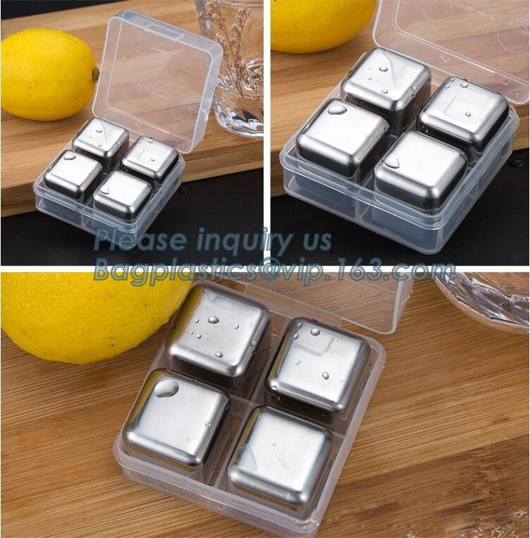 4pcs/set plastic box ice cube chilling stone set, FDA LFGB Stainless Steel Ice Cube Whisky Stone bar accessories, bageas