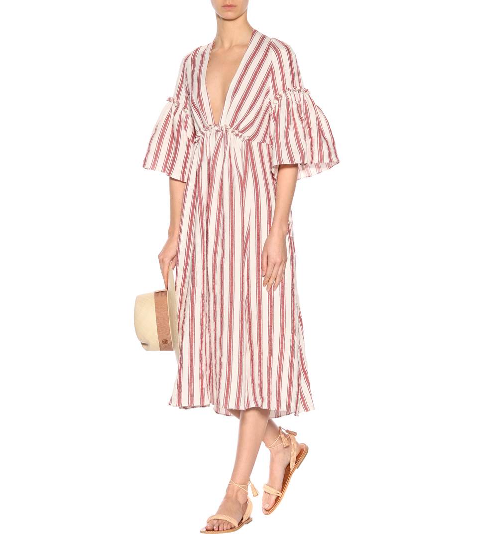 Women deep v neck stripe linen dress and unbacked