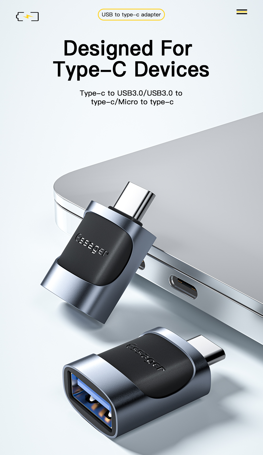 Essager 2022 Xuankong Small 3A Fast Charging USB Female to Type-C Male OTG Adapter USB 3.0 Adaptor for Multiple Devices