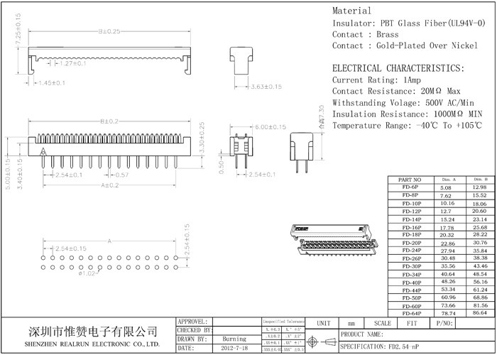 2.54mm 16 Pin IDC Connector Male Header UL 94V 0 60V AC / DC Operating Voltage