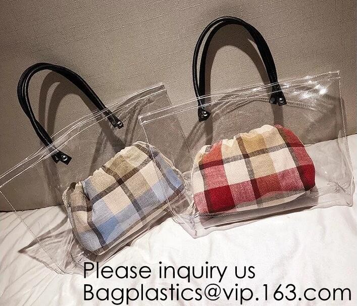 Waterproof All Over Printing PVC Coating Tote Shoulder Fabric Shopping Bag With Gusset And Lining,Jelly Clear Plastic PV