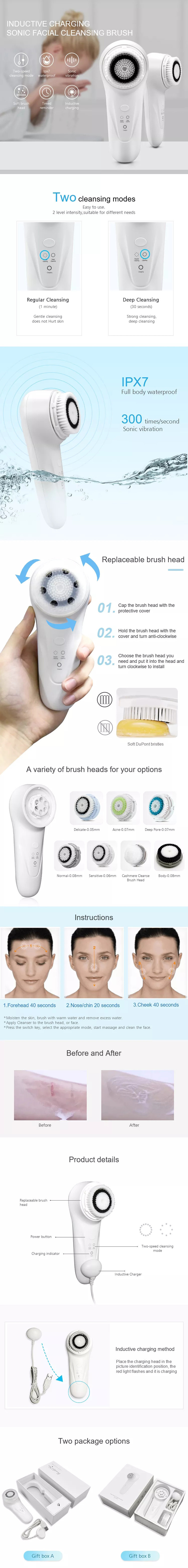 Facial Cleansing Brush Electric Facial Exfoliating Massage Brush with 7 Cleanser Heads and 2 Speeds Adjustable