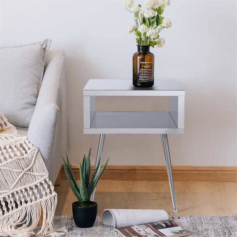 Silver Mirror 17.91"W Coffee Bedside Table Middle Hollow Space Design