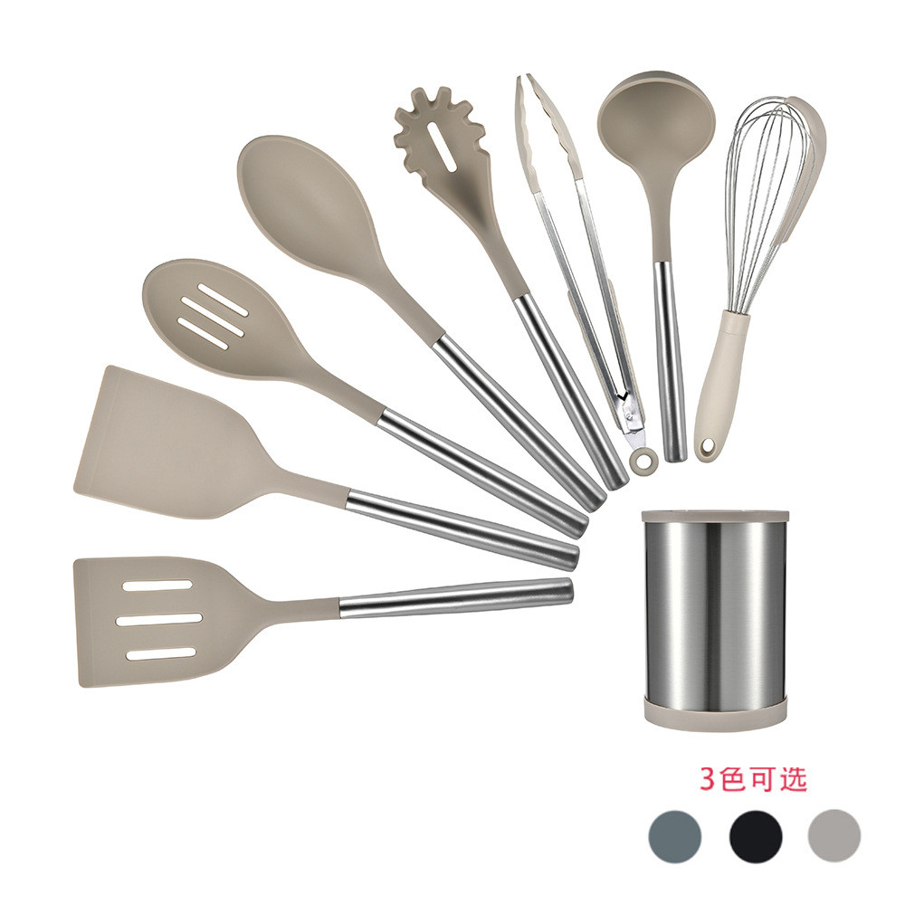 9pcs Silicone Cooking Kitchen Utensils Set Nonstick Cookware with Stainless Steel Handle Turner Tong,Spatula,Spoon brush