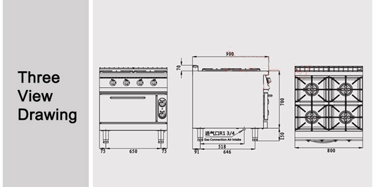 Gas 4 Burners Stove With Electric Oven for Easy Operation in Commercial Cooking Needs