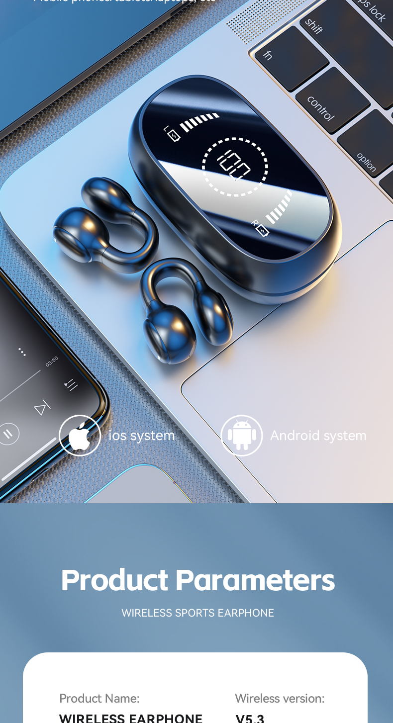 HiFi Stereo Bone Conduction True Wireless Earphone with 20cm Charging Cable and Mic