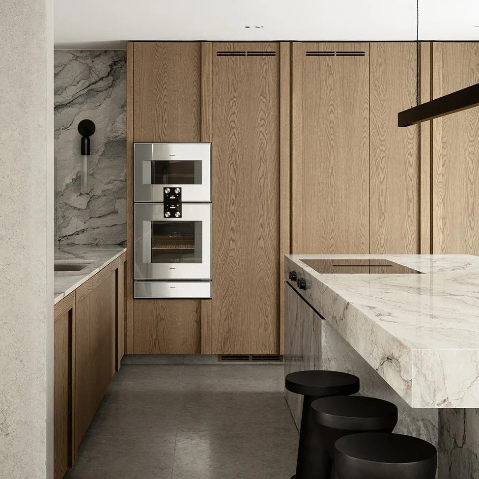 Villa White Oak Wood Veneer Kitchen Marble Countertop Frame Line Door Panel Complete Kitchen Cabinet Set