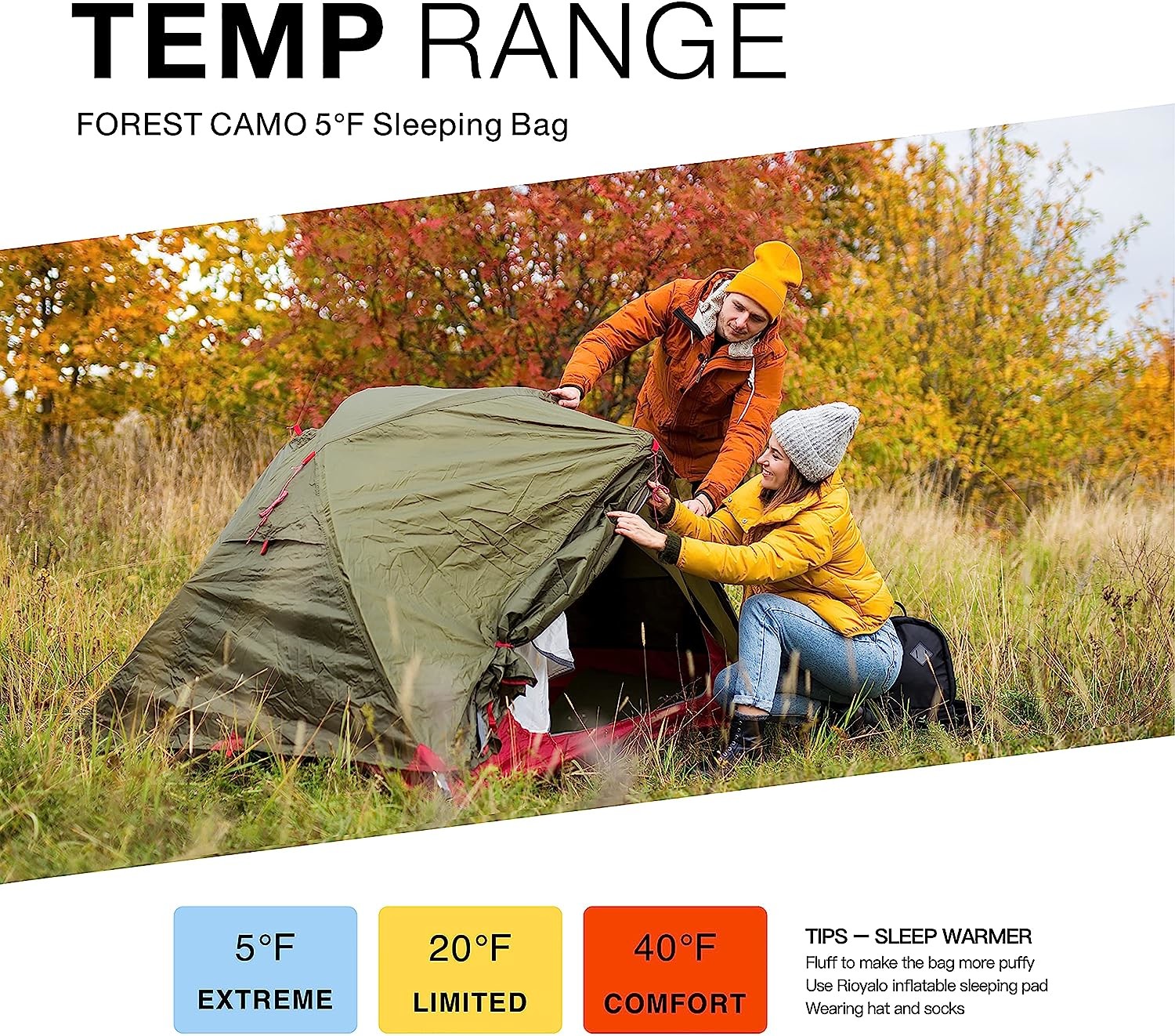Camouflage Camping Sleeping Bag, Adults & Kids Seasons Warm Cold Weather Hiking Camping Indoor Outdoor Use