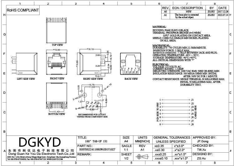DGKYD52241188GWA3D1Y1027 8P8C RJ45 Socket 180 Degree Direct Socket Interface