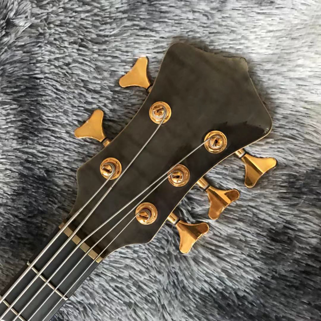 Custom Grand Neck Through Body Flamed Maple Top 5 Strings Bass Guitar Alem Cut Bottom Side LEDs
