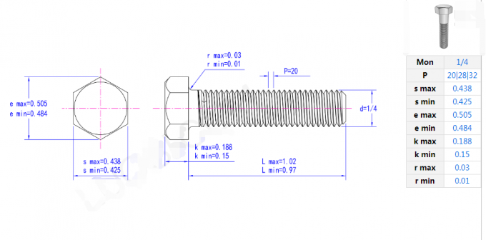 Gr2 Gr5 Titanium Bolts And Nuts Hex Head 1/4''-20 TPI 1'' ASME ANSI B18.2.1 0