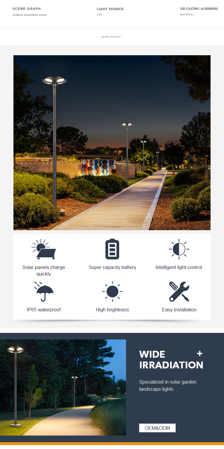 OEM ODM Fast Charging Outdoor Garden Solar Light For Street Landscape Multipurpose
