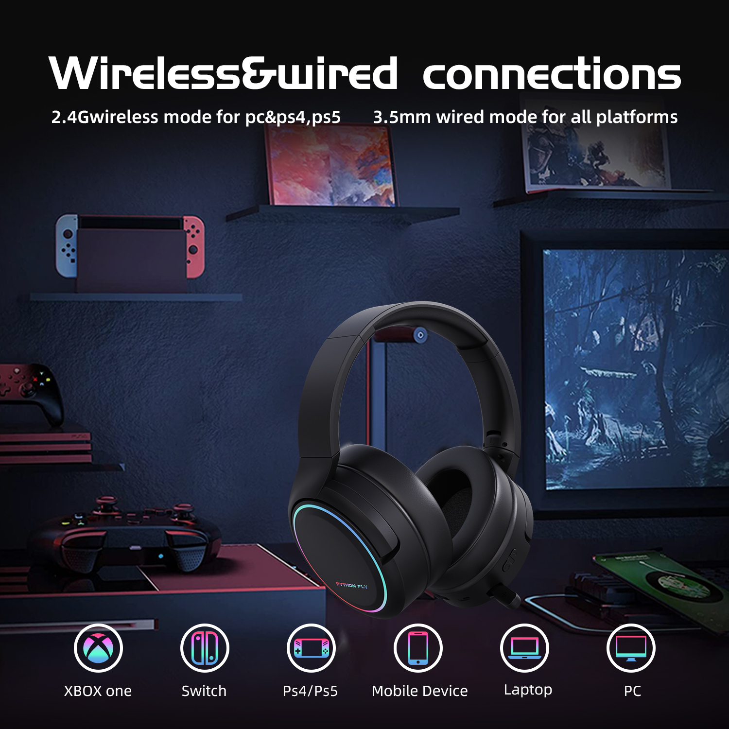 X7Pro 35H Dual Wireless 2.4 Ghz Headphones Headset For Nintendo Switch DC 5V 500mA