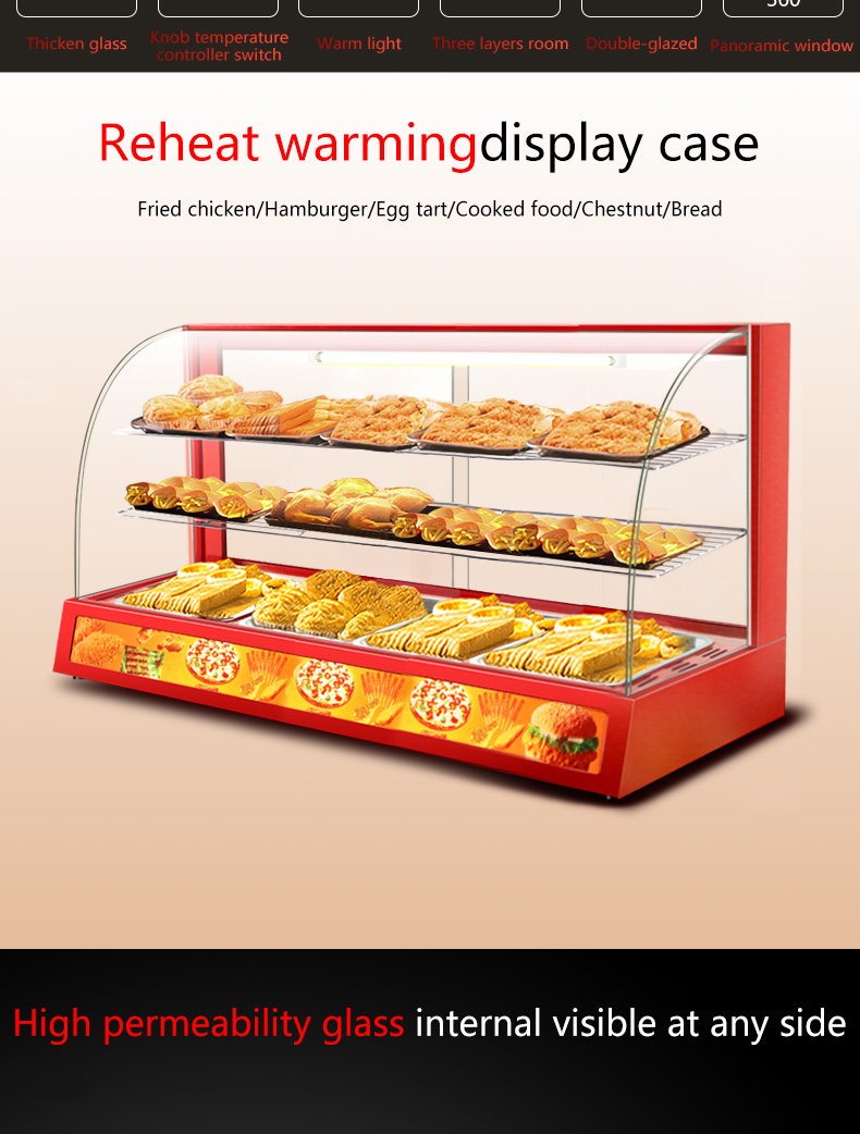 Professional Electric Red Glass Food Warmer Display Showcase with Toughened Glass