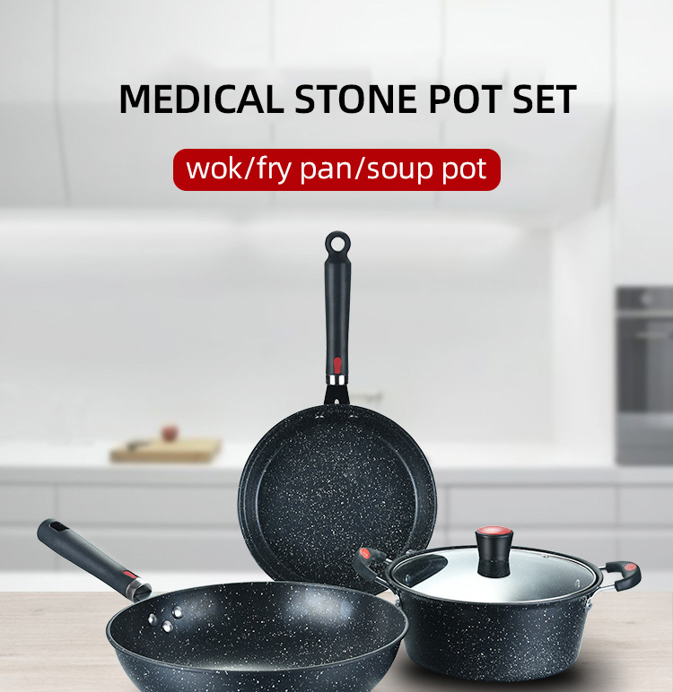 Multi Function Black Flat Bottom 3PCS Frying Non Stick Kitchen Cookware Sets