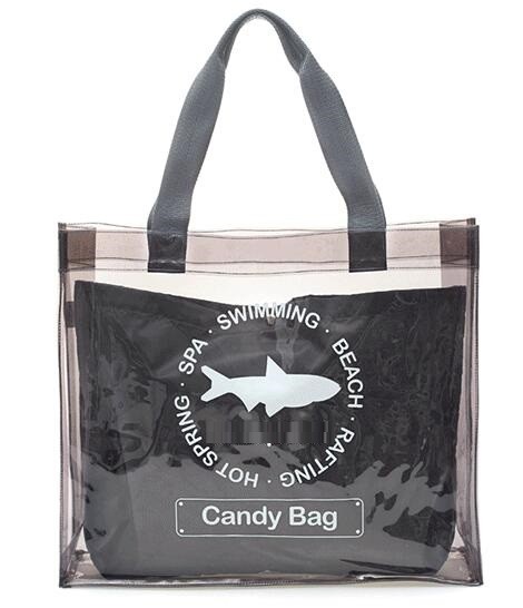 fashion pvc mirror vinyl shopping bag with printing, Recyclable Durable Clear PVC Shopping Bag with Button Closure, tote