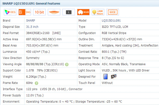SHARP LCD Panel 31.5 Inch LQ315D1LG91 Medical Industyial Display 3840*2160 UHD
